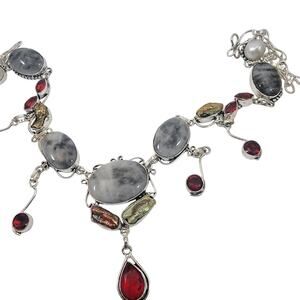 Handmade Sterling Silver Necklace Gray Agate Garnet Pearl and Citrine Gemstones
